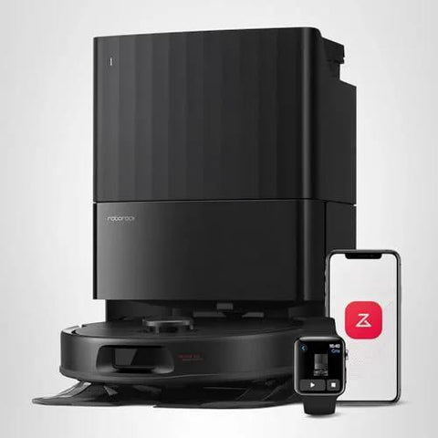 roborock Qrevo robot vacuum and mop with black docking station; smartphone and smartwatch visible.