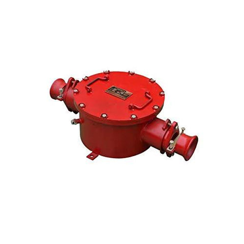 Explosion-proof high-voltage cable junction box, red metal housing with side inlets (front view)
