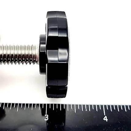 Side view of Three Eighths Inch Thumb Screw Bolts With Black Round Hex Head Clamping Knob Cap Grip Full Thread 304 Stainless Steel Fasteners