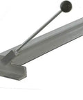 Close-up of a 12-inch leverage handle on a 30-Inch Sheet Metal Bender, designed for up to 16 gauge aluminum and 18 gauge steel, gray color.