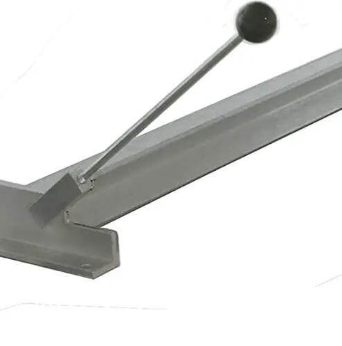 Close-up of a 12-inch leverage handle on a 30-Inch Sheet Metal Bender, designed for up to 16 gauge aluminum and 18 gauge steel, gray color.