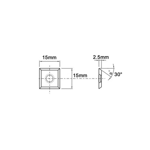 Diagram of Beefy 15mm Square Straight Carbide Inserts for Planer and Lathe Woodturning Jobs, 15x15x2.5mm size.