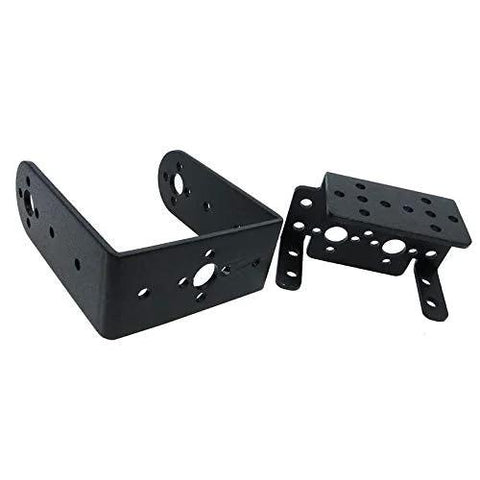 Two black metal pan-tilt servo brackets for MG995, L-shaped mounts with multiple mounting holes (set of two)