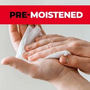 Eyeglasses cleaning wipe, front view: white pre-moistened wipe used on glasses