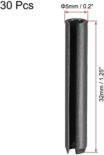 Slotted Spring Pin 5mm X 32mm Plain Finish, single pin showing chamfered end, part of 30 Piece Set, ideal for DIY machine projects