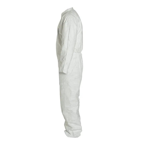 Side view of Go-To White Disposable Protective Coverall Suit Medium Size with stretch, reinforced seams, long front zipper for PPE use.