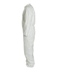 Side view of Disposable Protective Coverall White X Large Pack Of 25 with open wrists and ankles, made from Flash Spun High Density Polyethylene