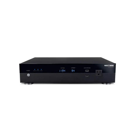 Heavy Duty Chassis Power Conditioner Featuring 12 Protected Outlets With Controlled Power Sequencing Safe Voltage Monitoring And Integrated Coax Ethernet Filtering, black front view.