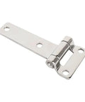 Close-up of T-shaped door hinge, 304 stainless steel, polished finish, for RV/van cabinets