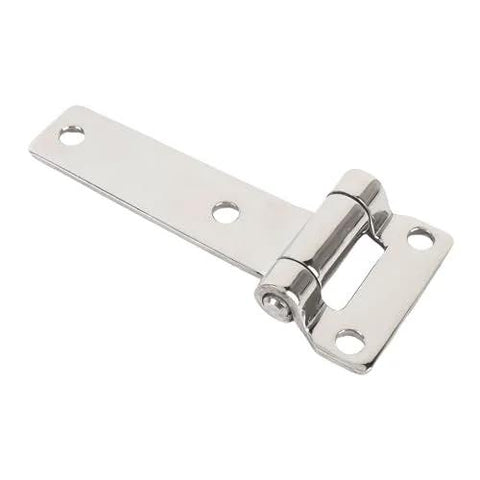 Close-up of T-shaped door hinge, 304 stainless steel, polished finish, for RV/van cabinets