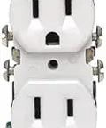 Front view of a 15 Amp White Copper Aluminum Receptacle Outlet Duplex Wall Socket For Home Or Office Built To Last Pro Grade Durable Electrical Receptacle.