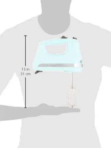 Heavy Duty 5 Speed Hand Mixer In Ice Blue Certified Renewed With 36 Inch Cord shown in hand for size reference, 13 inches tall.