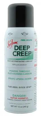 Deep Creep Penetrant And Lubricant 14 Oz can with label detailing rust, grease, and moisture control features, shown upright.
