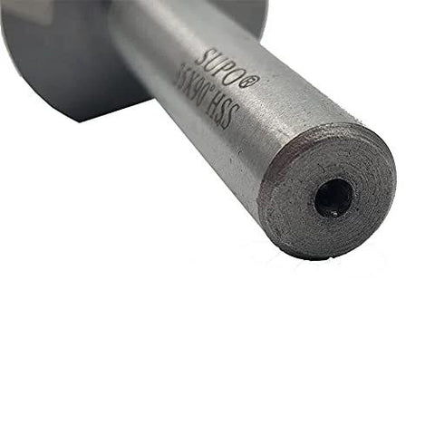 Close-up of 35mm HSS chamfering drill bit with straight shank and central through-hole