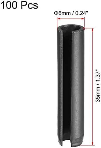 Close-up of a single Slotted Spring Pin 6mm By 35mm Plain Finish 65Mn Steel from 100 Piece Assortment Kit, showing dimensions.