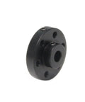 Two Pack Black Rigid Flange Shaft Coupling Universal Aluminum Mounting Hub For 5MM Shafts With M3 Threads close-up view of black aluminum coupler