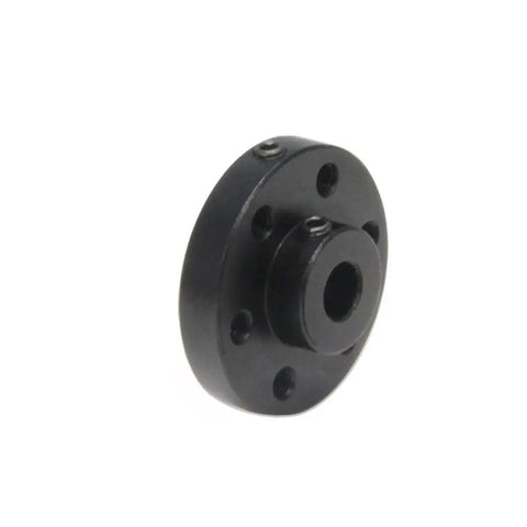 Two Pack Black Rigid Flange Shaft Coupling Universal Aluminum Mounting Hub For 5MM Shafts With M3 Threads close-up view of black aluminum coupler