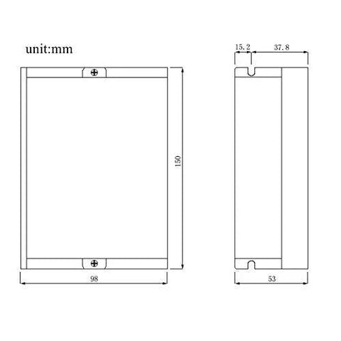 DM860H CNC DSP microstep driver module, front and side views; 98x150x53 mm.