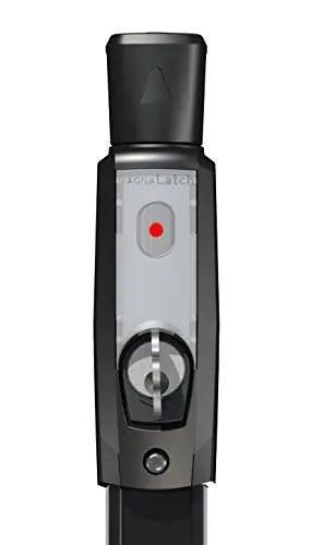 Set Of 2 Pro Level Magnetic Pool Gate Latches Black With Clear Lock Indicators And Hassle Free Vertical Horizontal Adjustments Meets All Pool Codes For Peace Of Mind Kid Safe Fencing Solutions, close-up view of latch with lock indicator.