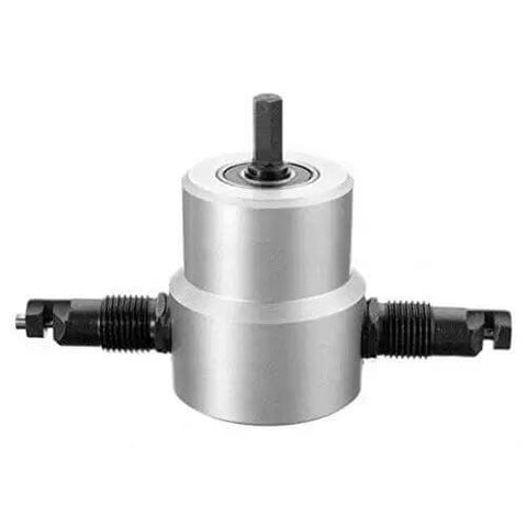 Double Head Sheet Metal Nibbler Cutter Holder Tool Power Drill Attachment with dual cutting heads visible, for easy metal cutting.