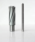 Two Wind Speed carbide-tipped annular cutters with Weldon shanks, 1in diameter x 2in depth, for magnetic drill press.