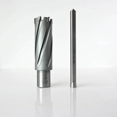 Two Wind Speed carbide-tipped annular cutters with Weldon shanks, 1in diameter x 2in depth, for magnetic drill press.