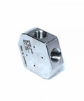 Aluminum waterjet pump block with dual 3/8-inch threaded ports (angled front view)