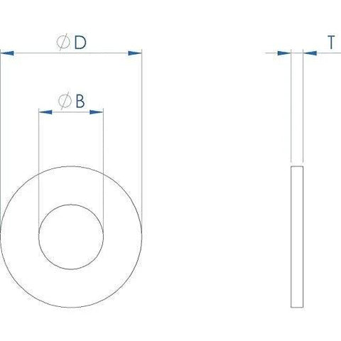 Front and side views of FullerKreg 3/8 in x 1 in OD stainless flat fender washer; 0.080 in thick, 304 stainless.