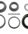 Front view of trailer bearing kit for #84 spindle; two large bearings, seal, two rings, cotter pin