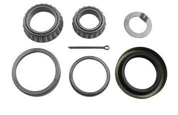 Front view of trailer bearing kit for #84 spindle; two large bearings, seal, two rings, cotter pin