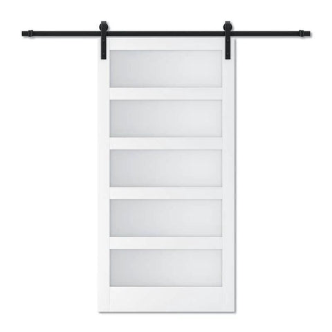 42 Inch By 84 Inch Five Panel Sliding Barn Door With Tempered Frosted Glass, Interior Room Door With Hardware Kit Included.