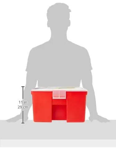 Portable Stow Away Rack Organizer With Cover In Bright Red showing size comparison with person silhouette, 11 inches tall