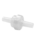 Inline check valve, 1/4-inch barb fittings, PVDF plastic, white with barbed ends
