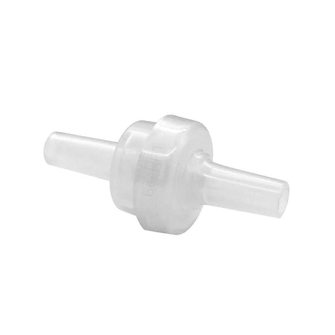 Inline check valve, 1/4-inch barb fittings, PVDF plastic, white with barbed ends