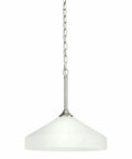 Swanky 15 Inch One Light Pendant in satin etched glass with brushed nickel finish over bath mirror or kitchen island