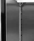 Interior view of stainless shelving in White Three Door Upright Freezer With Clear Glass Panels And Straight Up Solid Cooling.