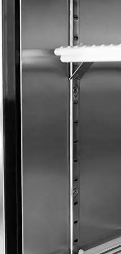 Interior view of stainless shelving in White Three Door Upright Freezer With Clear Glass Panels And Straight Up Solid Cooling.