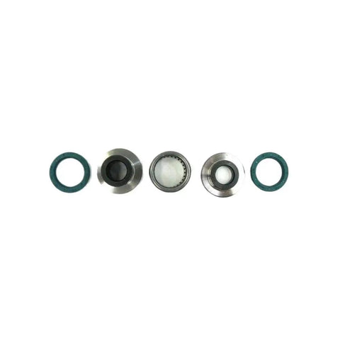 Beef Up Your Rear Shock With This Maintenance Kit Including Needle Roller Bearing And Oil Seals For KX250F, KX450F And KLX450, Restore Smooth Ride And Tight Handling On Your Dirt Bike. Needle roller bearing and oil seals set on white background.