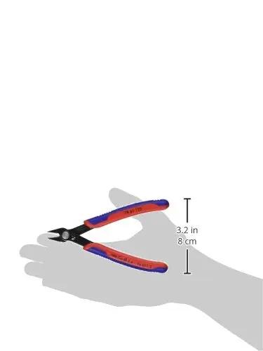 5-Inch Electronics Super Knips with Comfort Grip, flush-cut snips for PCBs and fiber optic cables, shown in hand size comparison.
