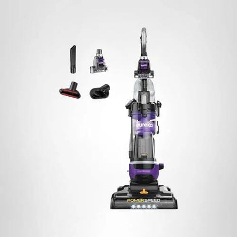 Purple Eureka PowerSpeed upright vacuum cleaner, front view with attachments.