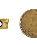 APKT1604 TiN Coated Carbide Insert next to a Canadian dollar coin for scale comparison