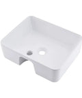 White Vessel Sink With Gold Faucet And Drain, 18x13 Inch Above-Counter Rectangle Ceramic Porcelain Bathroom Basin, top view