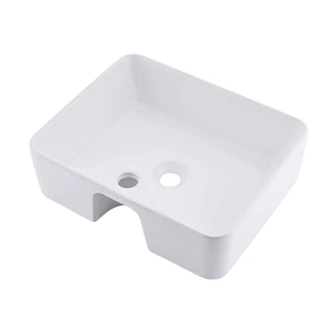 White Vessel Sink With Gold Faucet And Drain, 18x13 Inch Above-Counter Rectangle Ceramic Porcelain Bathroom Basin, top view