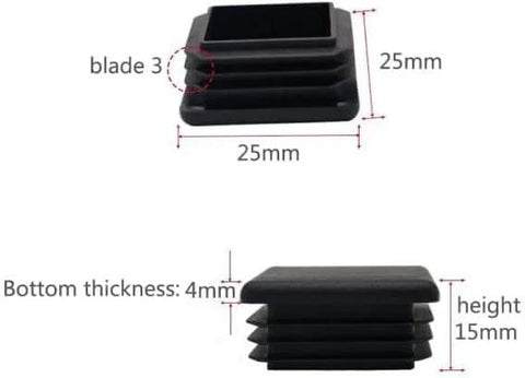 Diagram of 100 Pack 1 Inch Square Plastic Tube End Plugs showing dimensions and flexible ribbed fit for square tubing applications.
