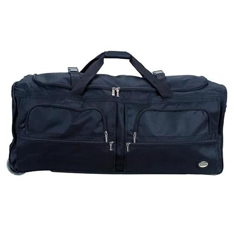 Rockland rolling duffel bag, black, 36-inch, with multiple exterior zip pockets.