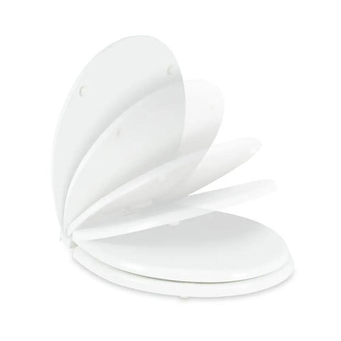 Top Shelf Heavy Duty Wooden Toilet Seat With Smooth Slow Close Action For Rv Gravity Flush Toilets White Universal Fit Replacement Cover, angled view.