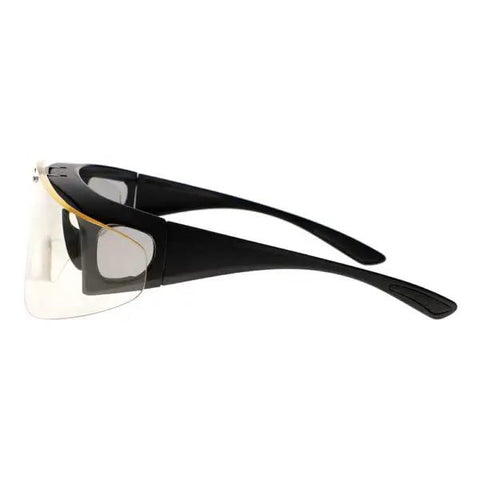 Super Lightweight Flip Over Radiation Safety Glasses Featuring Badass 0.12mm Lead Lens Protection With Comfy Rubber Grip Pads For Stress Free Medical Work, side view with clear lens.