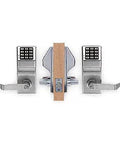 Heavy Duty Electronic Keyless Lever Lock With 12 Button Keypad In Satin Chrome with wooden wall mount and modern design.