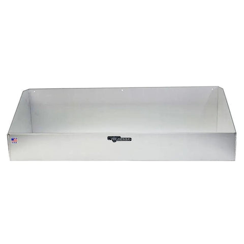 Front view of Aluminum Jack Stand Rack Holder Shelf For Trailer Garage Keeps Your Garage Clutter Free While Holding Up To Four Jack Stands 34 By 9 By 10 Inches Silver Made In USA Pre Drilled Mounting Holes Organizer For Race Car Hobby Shop