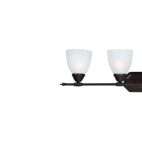 Four Light Bathroom Vanity Fixture In Oil Rubbed Bronze With White Alabaster Glass from side angle, modern bathroom design.
